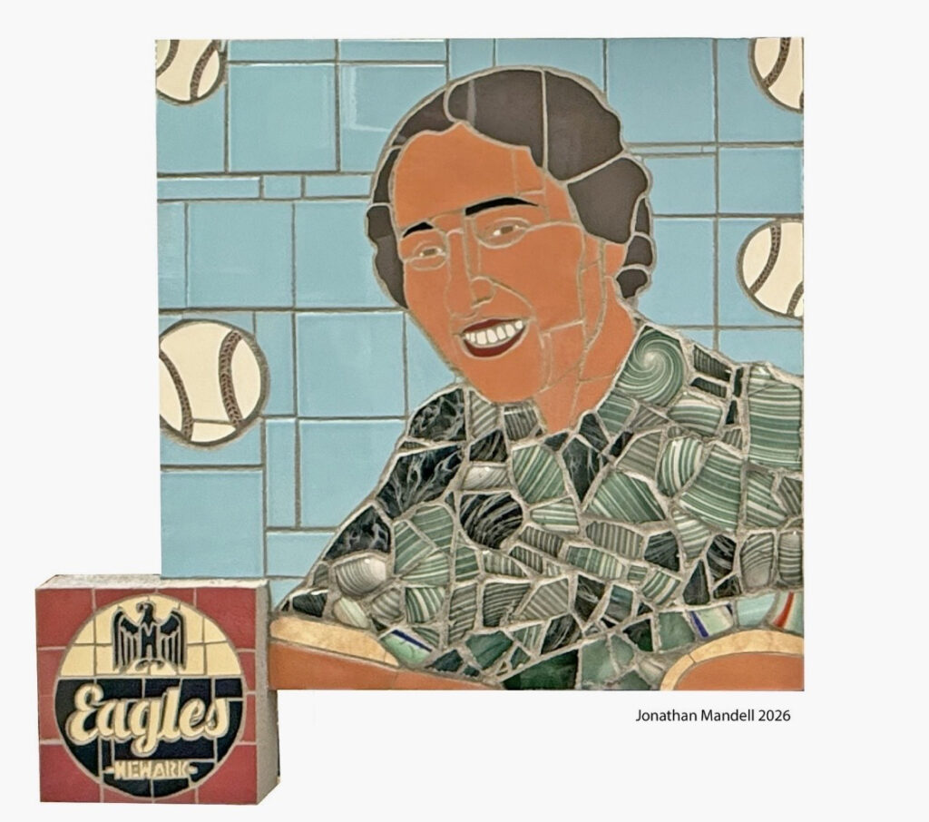 Mosaic-tactile painting of Effa Manley, created by Jonathan Mandell. Effa smiles in front of blue background with baseballs surrounding her.